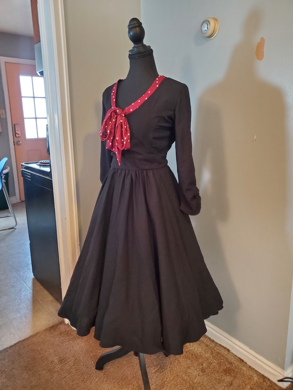 Unique Vintage Black Swing Dress with Maroon Polka Dot Trim and Bow